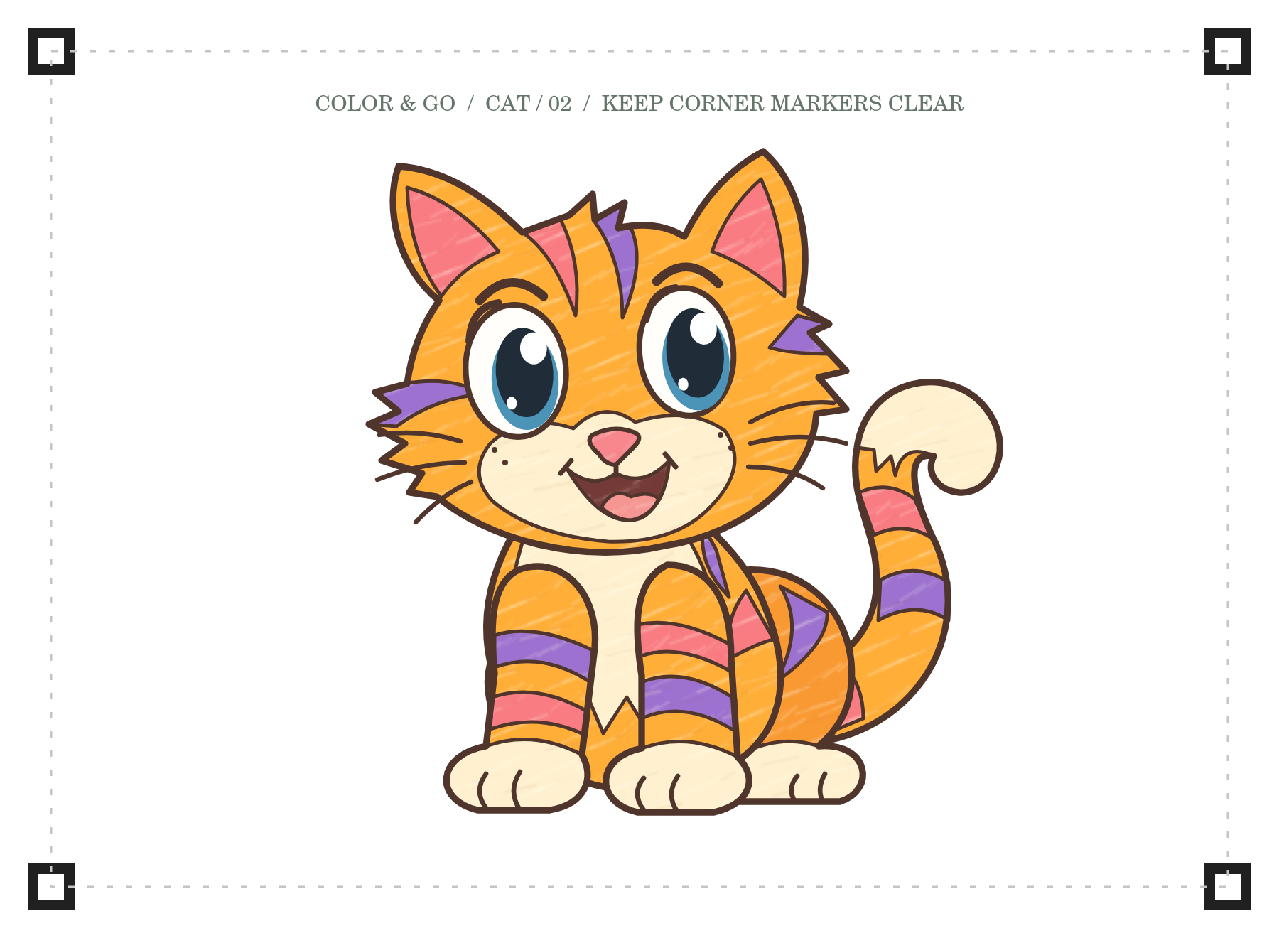 An example Milo sheet colored with orange, pink and purple