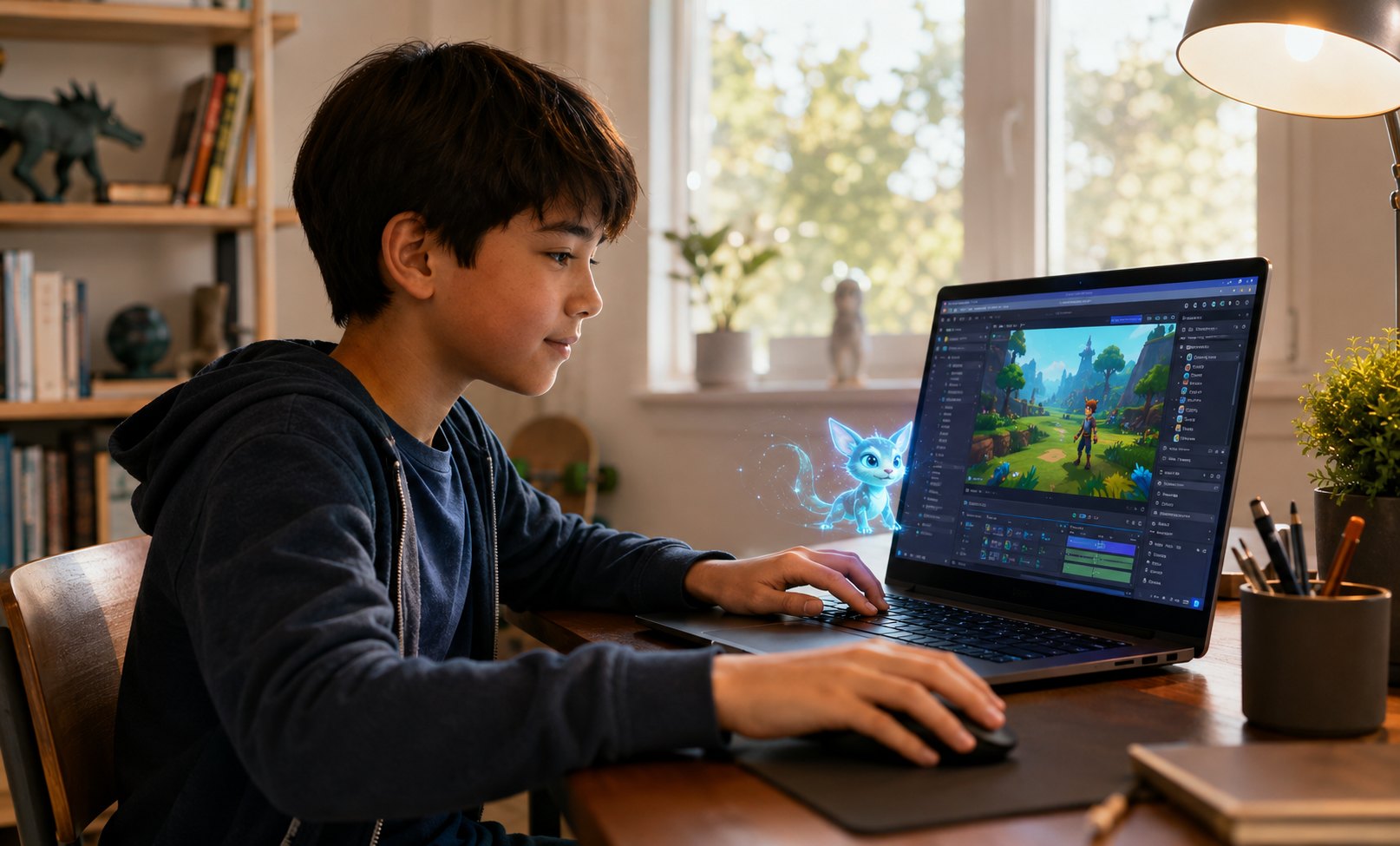 A boy independently designing and coding a colorful 3D game