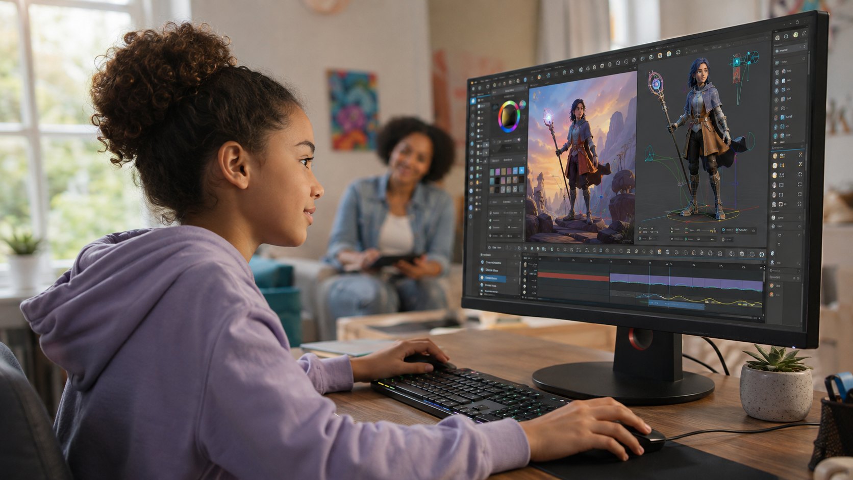 A girl creating professional digital animation with Adobe and 3D software while a parent supports from the background