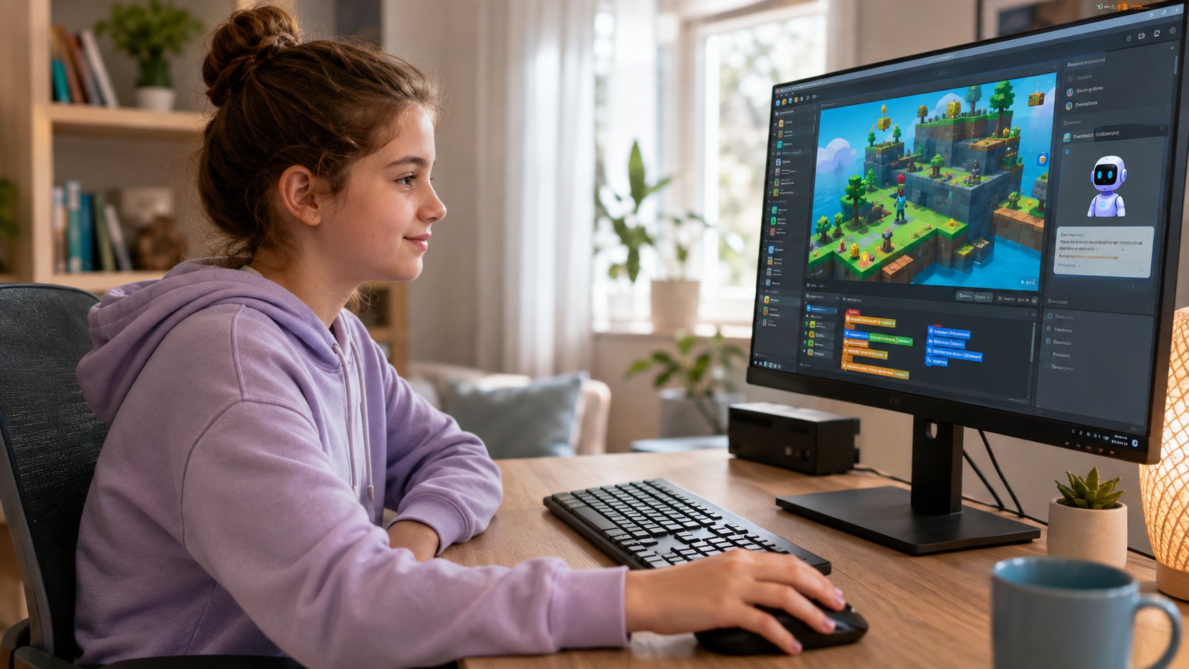 A student creating an interactive 3D game during an online private lesson