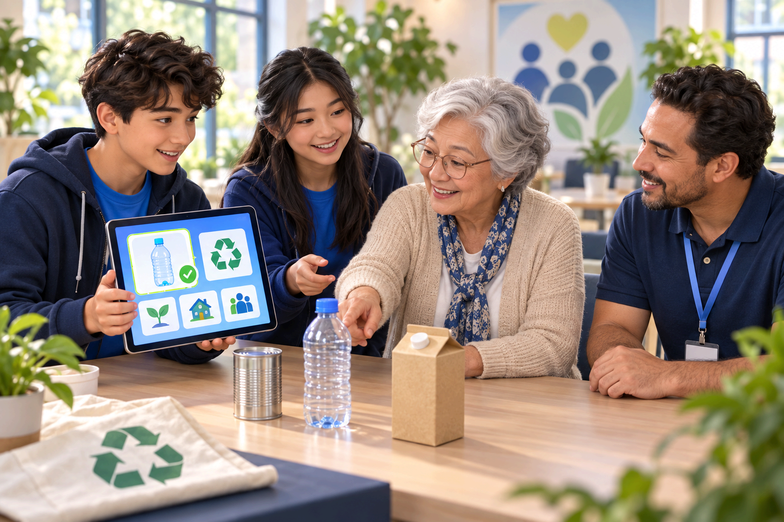 Illustration of teen creators demonstrating their AI recycling app to a senior resident and a community volunteer