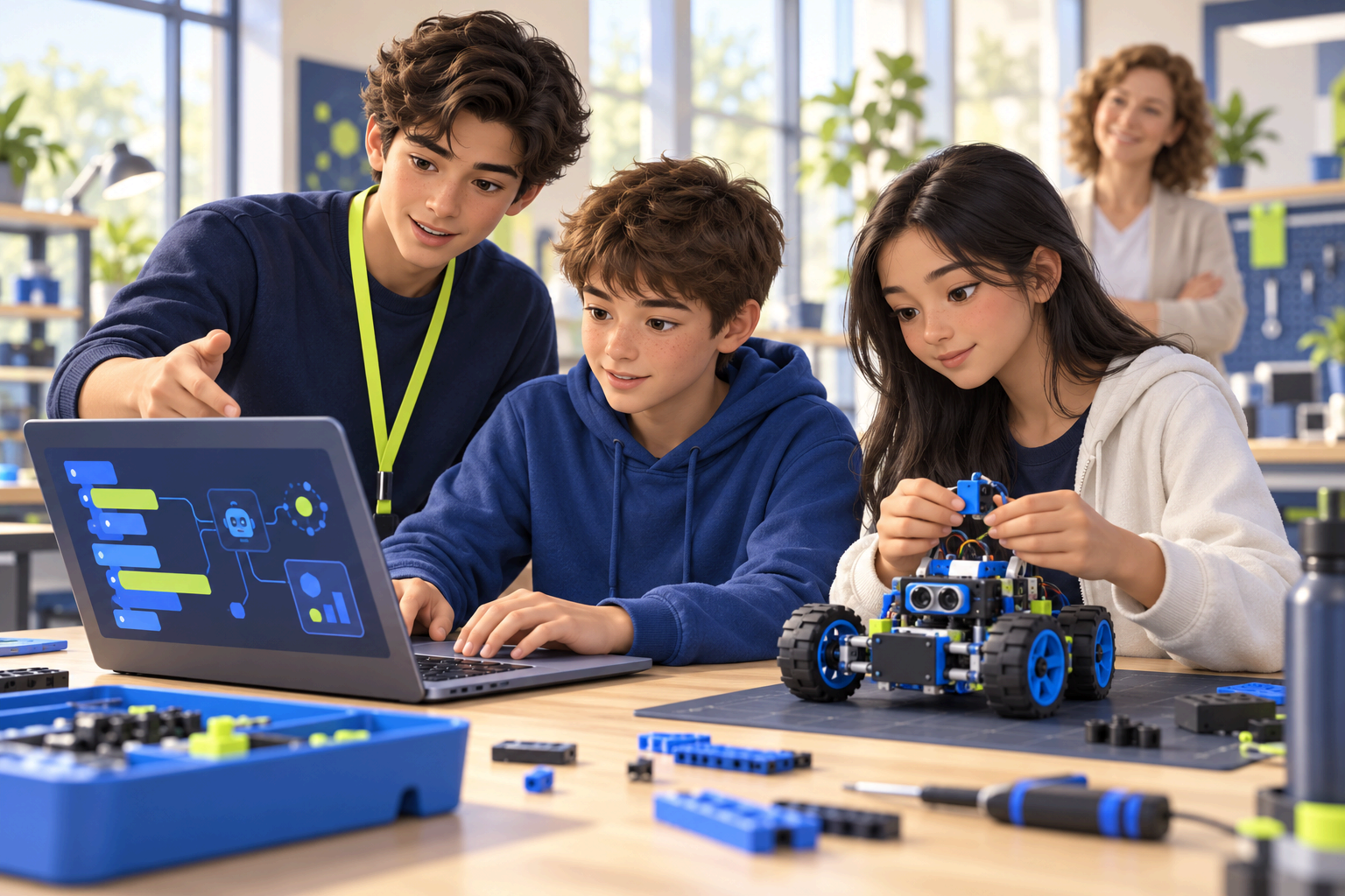 Illustration of a teenage teaching assistant guiding younger peers with coding and robotics while an adult teacher observes